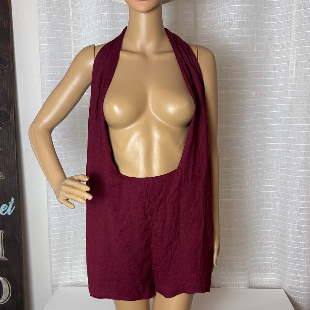 HOMMAGE Chic Burgundy Halter Romper, Size Small